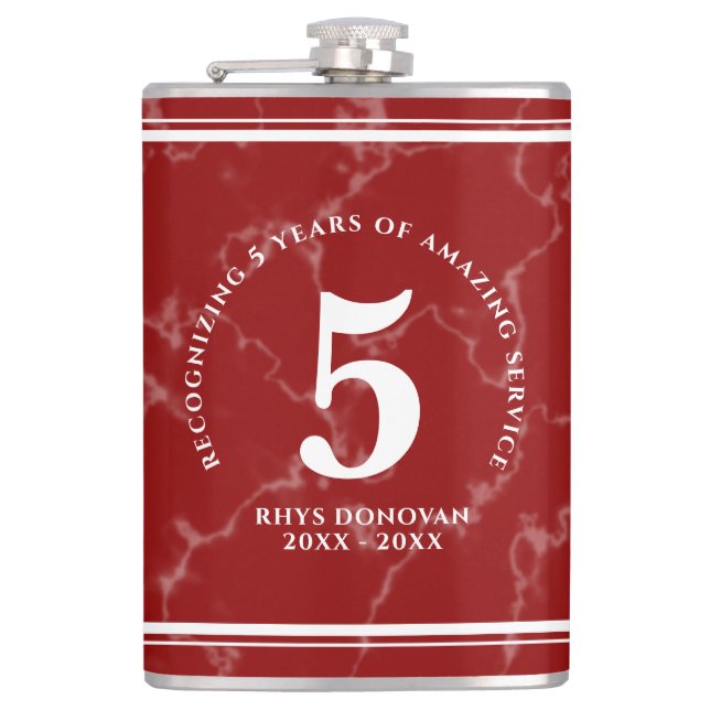 Elegant Red Marble 5 Years Work Anniversary Flask (Front)
