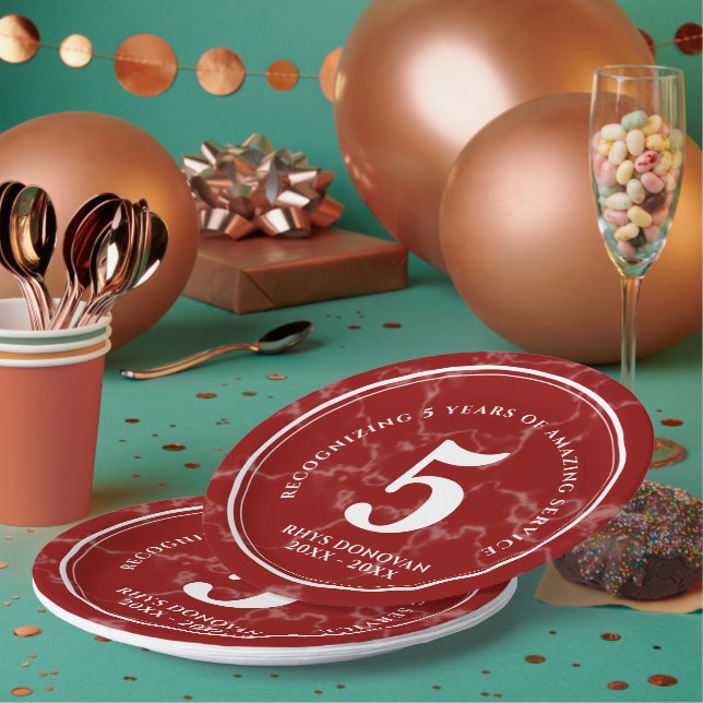 Elegant Red Marble 5 Years Work Anniversary Paper Plates (Multi)