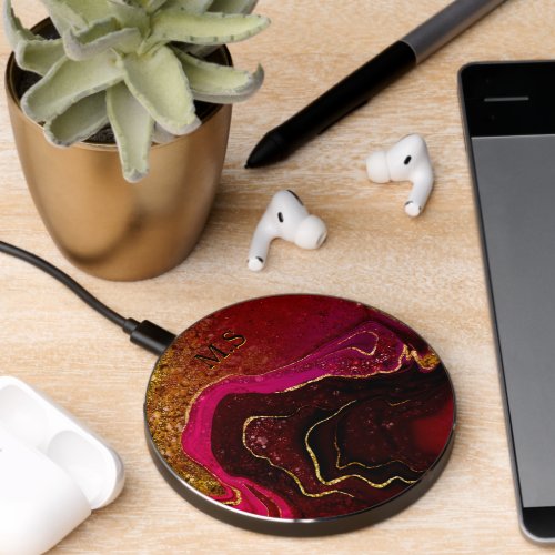 Elegant red marble art faux gold glitter wireless charger 