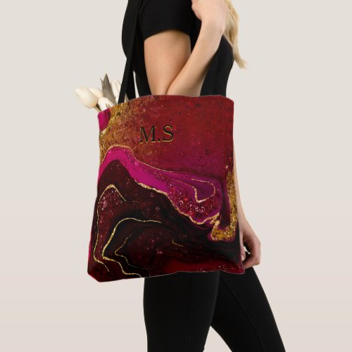 Elegant red marble art faux gold glitter wireless tote bag