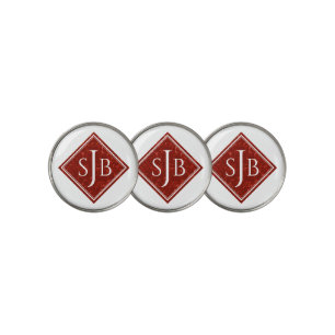 Elegant Red Marble Diamond Monogram Golf Ball Marker
