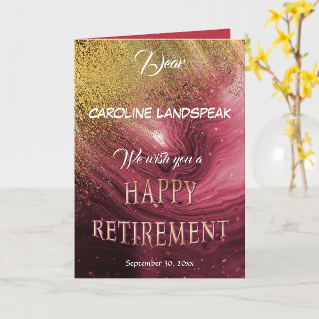 Elegant Red Marble Gold Glitter Happy Retirement Card (Yellow Flower)