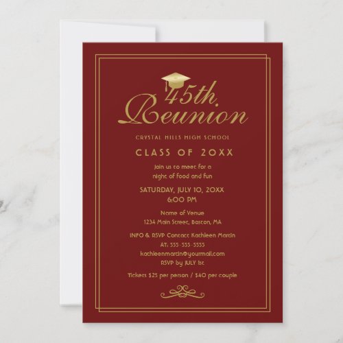 Elegant Red Maroon Gold 45th Class Reunion Invitation