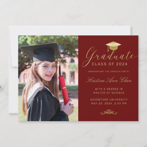 Elegant Red Maroon Gold Script Photo Graduation Announcement