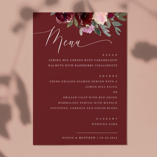 Elegant red maroon roses Garden floral wedding Menu