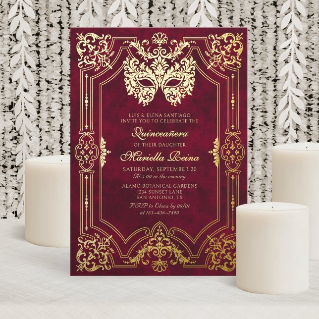 Elegant Red Masquerade Mask Quinceanera Foil Invitation (Creator Uploaded)