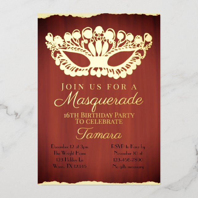 Elegant Red Masquerade Sixteenth Birthday  Foil Invitation (Front)
