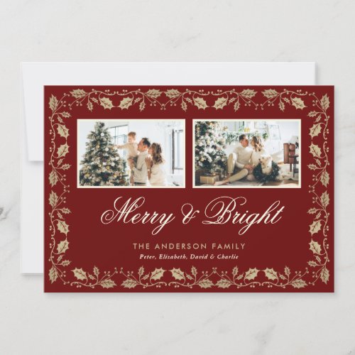 Elegant Red Merry and Bright 2 Photo Christmas Holiday Card