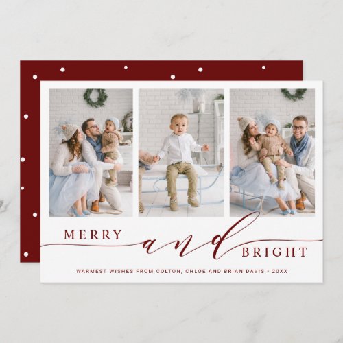 Elegant Red Merry and Bright 3 Photo Holiday Card