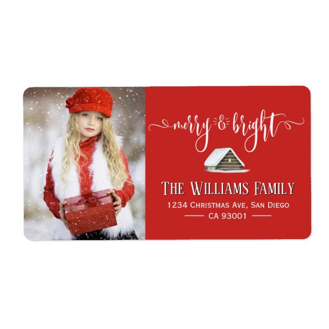Elegant Red Merry and Bright Christmas Photo Label (Front)