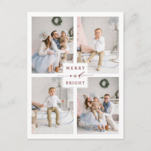 Elegant Red Merry & Bright 4 Photo Holiday  Postcard