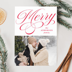 Elegant Red Merry Calligraphy Script Letterpress Photo Cards