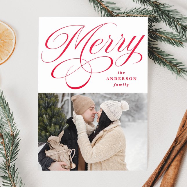 Elegant Red Merry Calligraphy Script Letterpress Photo Cards (Creator Uploaded)