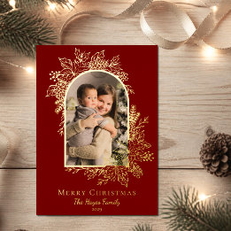 Elegant Red Merry Christmas Arch Photo Foil Holiday Card