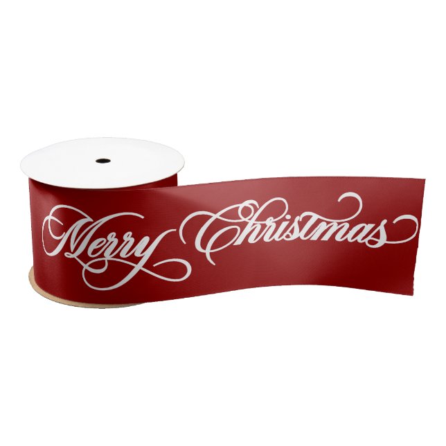 Elegant Red Merry Christmas Calligraphy Holiday Satin Ribbon (Spool)