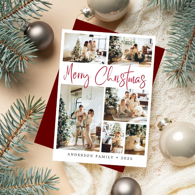 Elegant Red Merry Christmas Calligraphy Photo Holiday Card (Creator Uploaded)