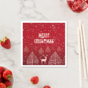 Elegant Red Merry Christmas Deer and Snowflake Napkins