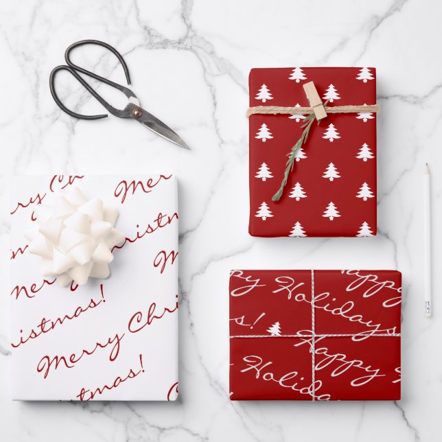 Elegant Red Merry Christmas Happy Holidays Script Wrapping Paper Sheets (Front)