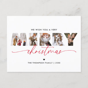 Elegant Red Merry Christmas Photo Collage Holiday Postcard