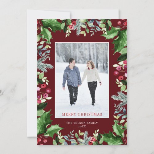Elegant Red Merry Christmas Photo Greenery Holiday Card