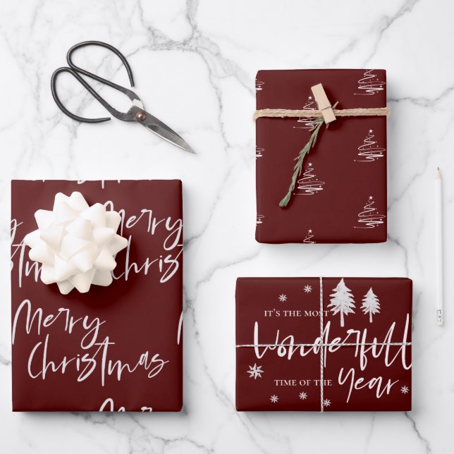 Elegant Red Merry Christmas Quote Gift Wrapping Paper Sheets (Front)