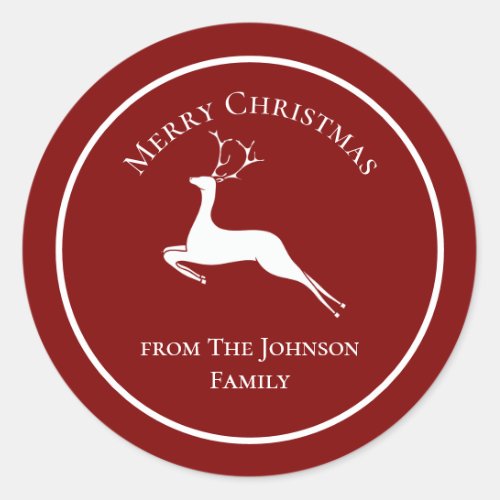 Elegant Red Merry Christmas Reindeer Custom Gift Classic Round Sticker