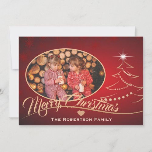 Elegant Red Merry Christmas Tree Custom Photo Holiday Card