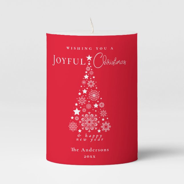 Elegant Red Merry Christmas Tree Snowflakes Pillar Candle (Front)