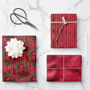 Elegant Red Metallic Floral Stripe Wrapping Paper Sheets