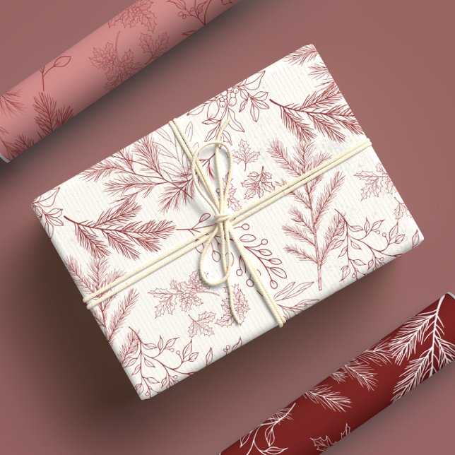 Elegant Red Monochrome Rustic Winter Botanicals Wrapping Paper Sheets (Creator Uploaded)
