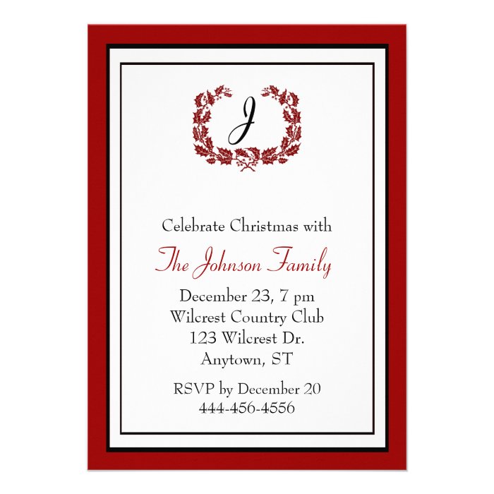 Elegant Red Monogram Christmas Party Invitation