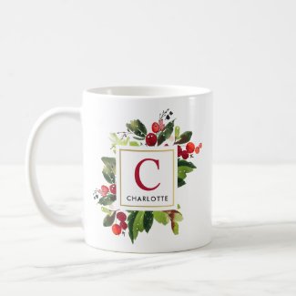 Elegant Red Monogram Initial Christmas Greenery Coffee Mug