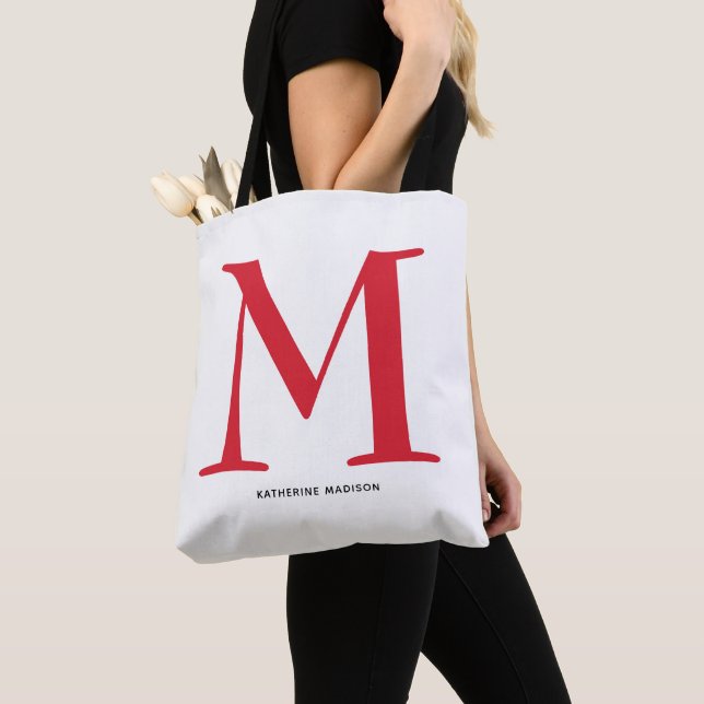 Elegant Red Monogram Name Tote Bag (Close Up)