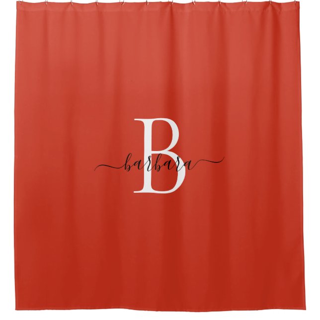 Elegant Red Monogram Script Name Shower Curtain (Front)