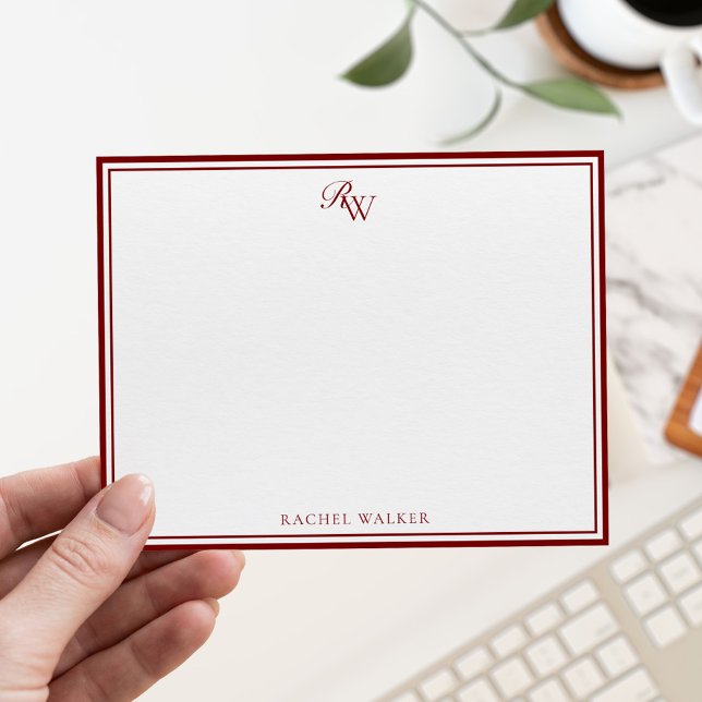 Elegant Red Monogram Two Border Note Card (Creator Uploaded)