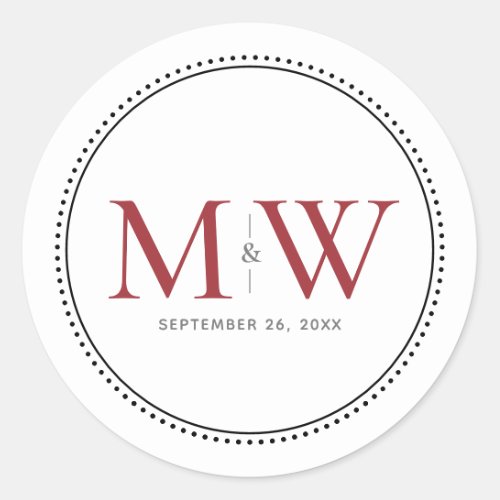 Elegant Red Monogram Wedding Classic Round Sticker