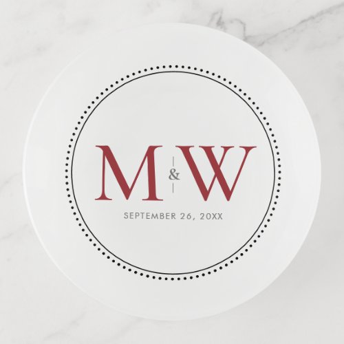 Elegant Red Monogram Wedding Date Trinket Tray