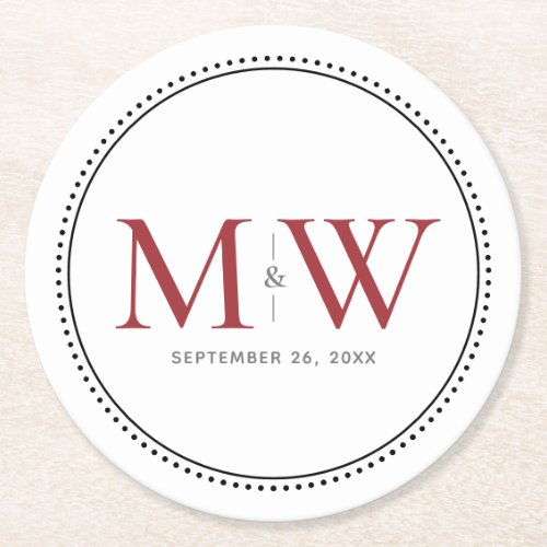 Elegant Red Monogram Wedding Round Paper Coaster