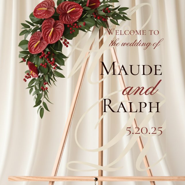 Elegant Red Monogram Wedding Welcome Acrylic Sign (Welcome guests in timeless style with this Old Money Bold Red Clear Acrylic Wedding Welcome Sign!)