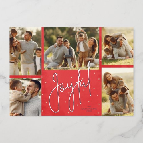 Elegant Red Multi Photo Joyful Silver Foil Holiday Card