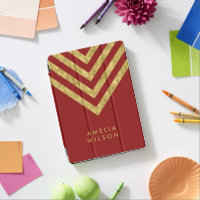 Elegant Red Name Faux Gold Chevron Pattern iPad Pro Cover