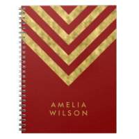 Elegant Red Name Faux Gold Chevron Pattern Notebook