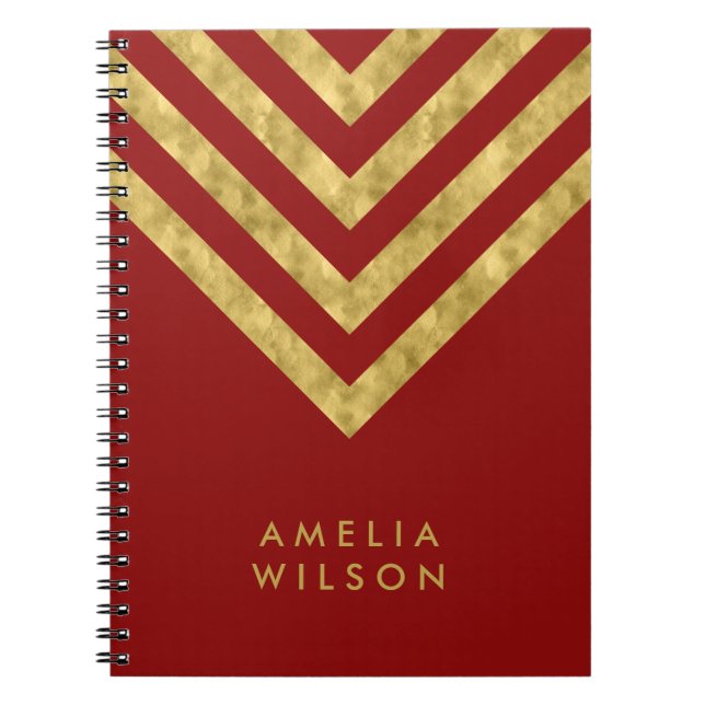 Elegant Red Name Faux Gold Chevron Pattern Notebook (Front)