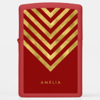 Elegant Red Name Faux Gold Geometric Chevron Zippo Lighter