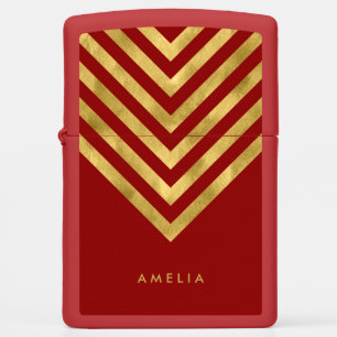Elegant Red Name Faux Gold Geometric Chevron Zippo Lighter