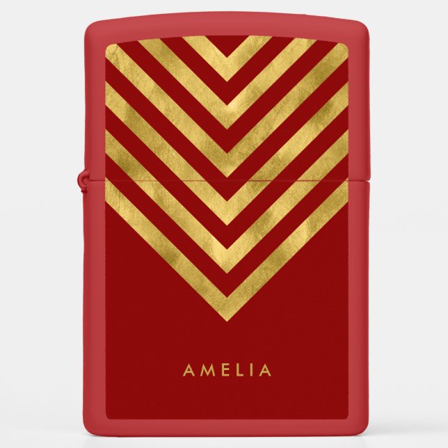 Elegant Red Name Faux Gold Geometric Chevron Zippo Lighter (Front)