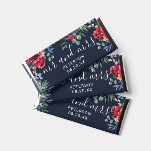 Elegant red navy blue floral watercolor wedding hershey bar favors