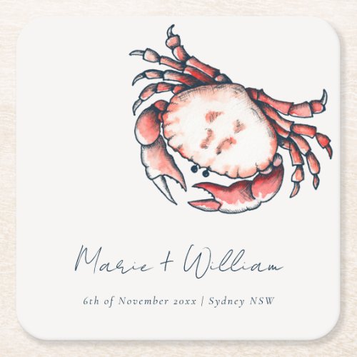 Elegant Red Navy Underwater Crab Nautical Wedding Square Paper Coaster