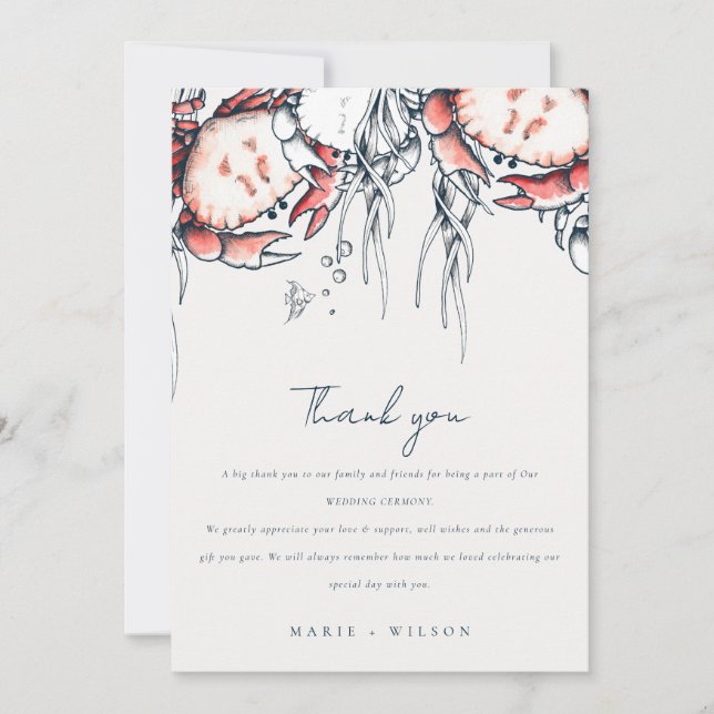Elegant Red Navy Underwater Crab Nautical Wedding Thank You Card (Front)