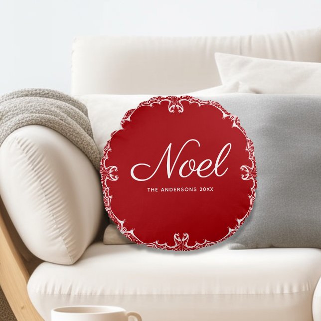 Elegant Red Noel Christmas Round Throw Pillow (Creator Uploaded)